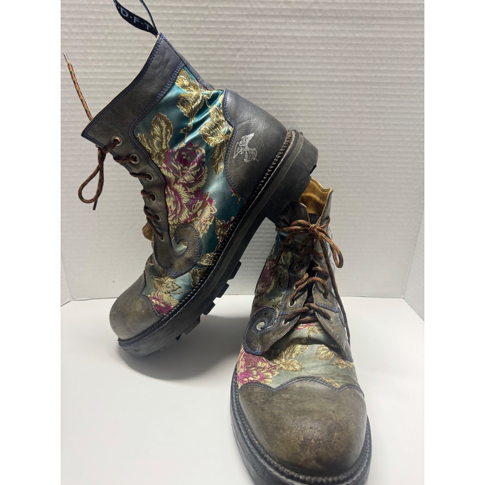 John Fluevog Angelic Sole Floral Tapestry Leather Combat Boots Grey Teal Size 11